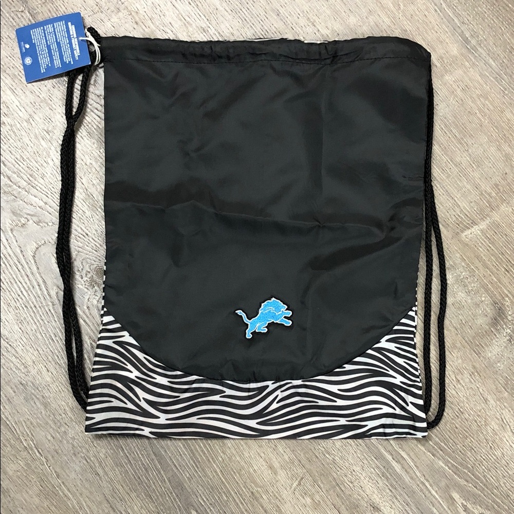 Black and White Drawstring Bag with Blue Detroit Lions Logo